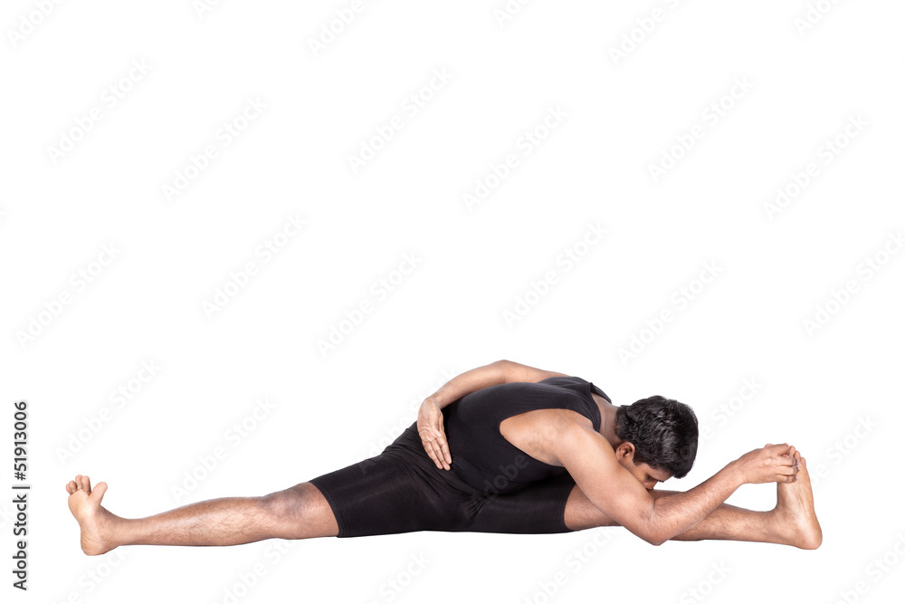 Yoga by Indian man on white