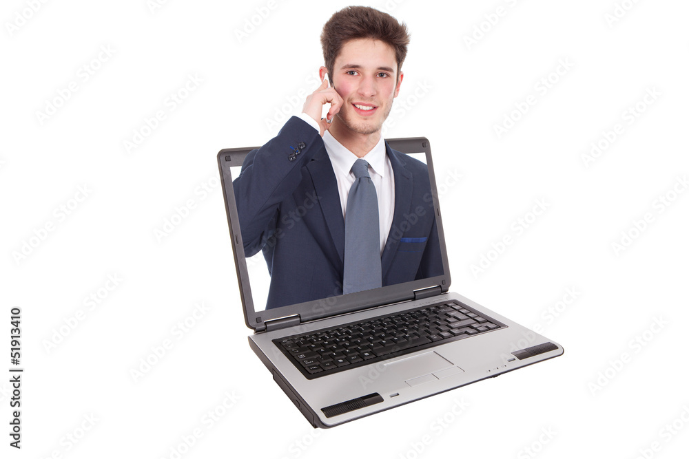 young man talking on the phone, get inside a computer young man talking on the phone, get inside a computer