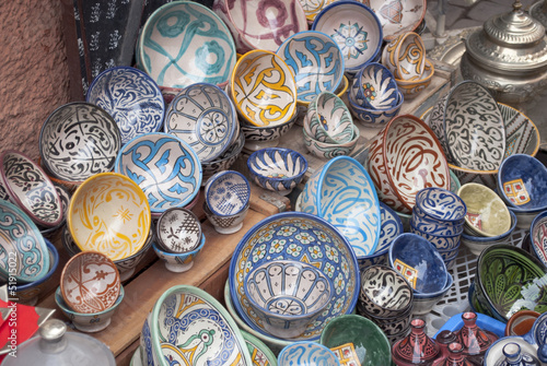 The typical colored pottery on the souk in Marrakech