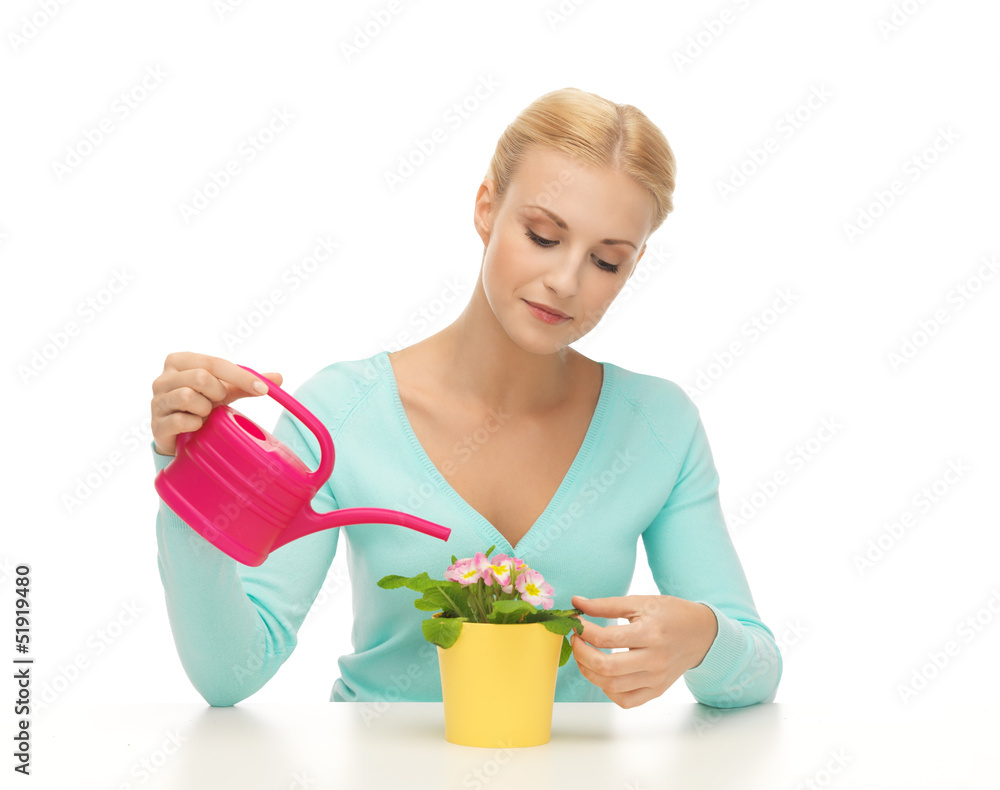 housewife with flower in pot and watering can housewife with flower in pot and watering can