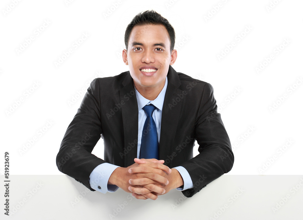 smiling asian business man holding empty board smiling asian business man holding empty board
