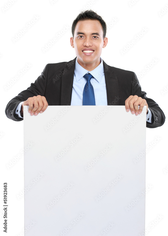 smiling asian business man holding empty board smiling asian business man holding empty board