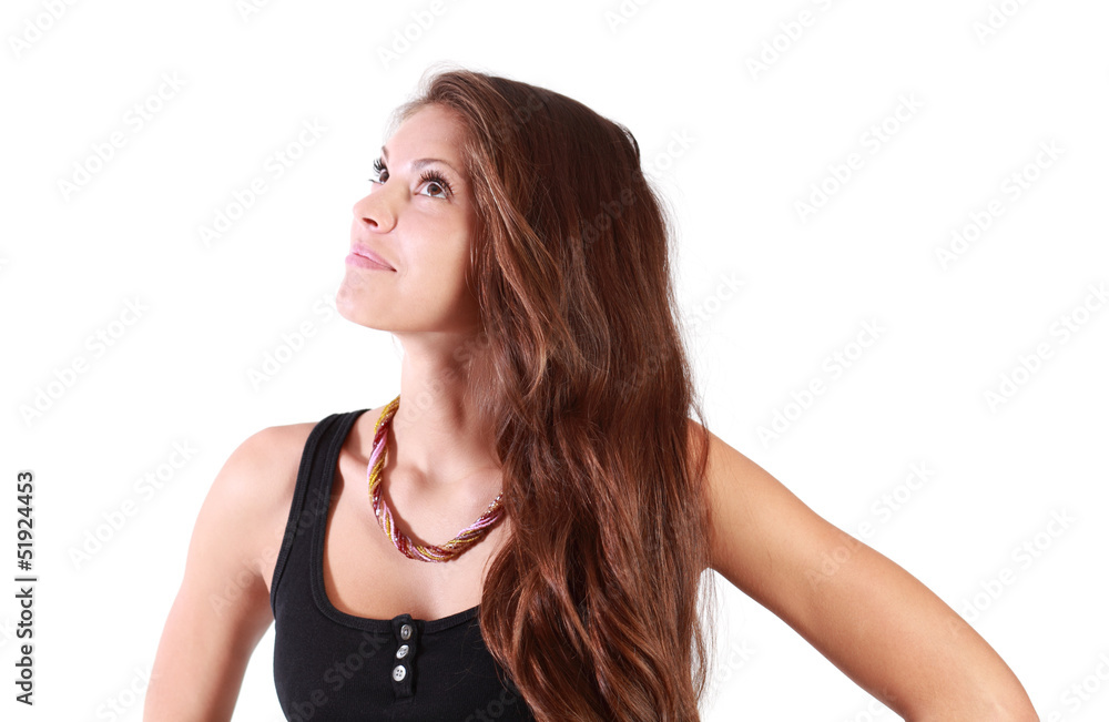 Beautiful dreaming girl looks up isolated on white background. Beautiful dreaming girl looks up isolated on white background.