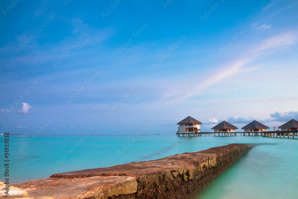 tropical seascape. over-water bungalow, Maldives islands