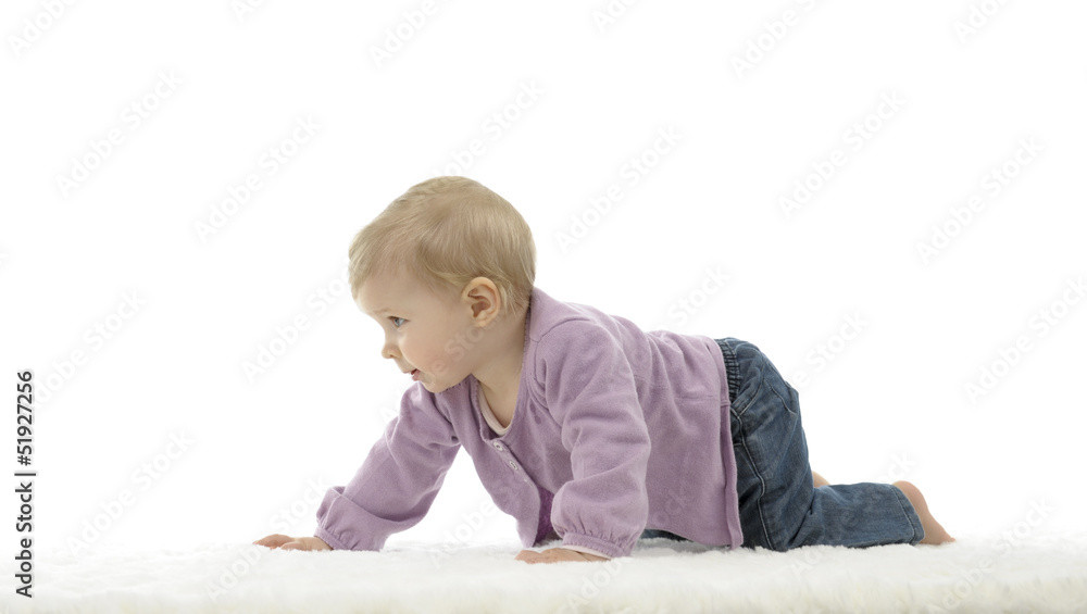 happy crawling baby with colored cubes, isolated on white happy crawling baby with colored cubes, isolated on white