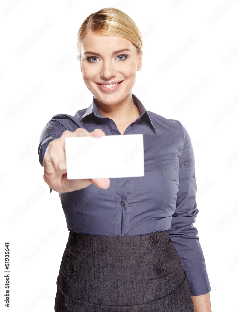 A beautiful woman holds out a business or credit card Isolated o A beautiful woman holds out a business or credit card Isolated o