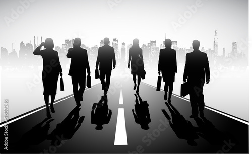 group of businessmen against the megalopolis is presented