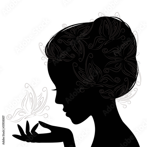 Profile face young woman and butterfly