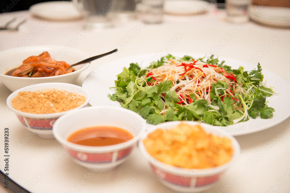 Raw fish salad (also known as Yu Sheng or Lo Hei), a Chinese New