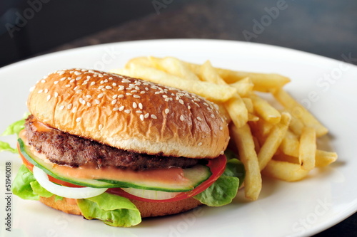 Hamburger, Close up of the fresh hamburger with french fries