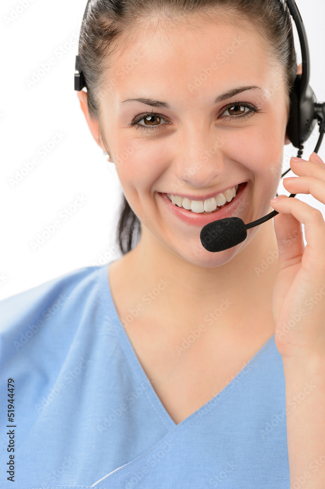 Smiling female customer support phone operator Smiling female customer support phone operator