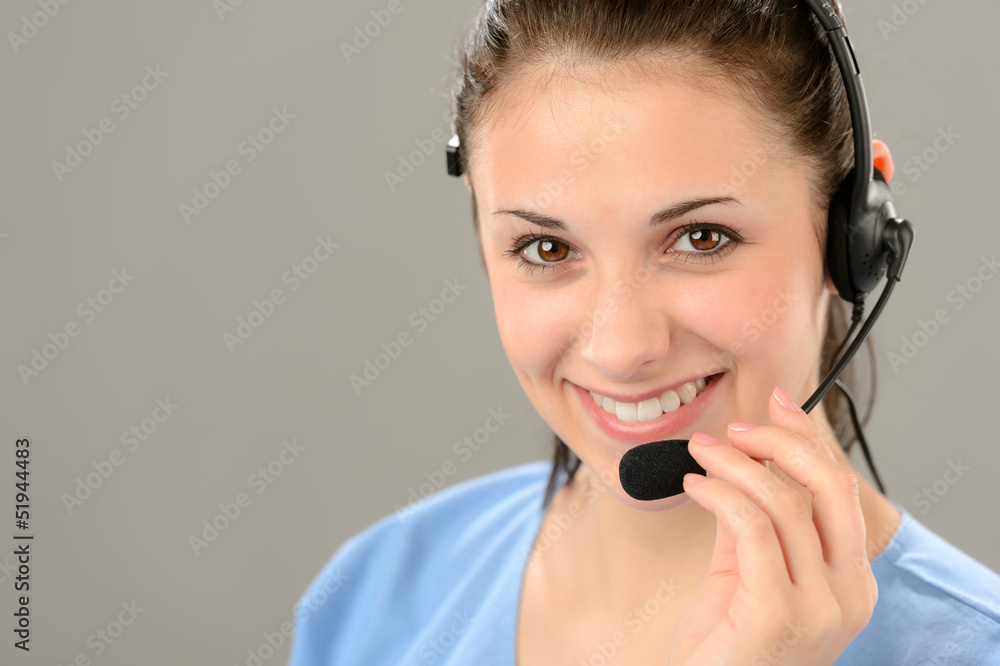 Friendly support phone operator wearing headset Friendly support phone operator wearing headset