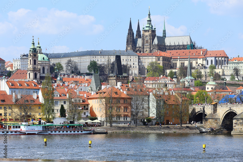 Spring Prague gothic Castle with Charles Bridge, Czech Republic