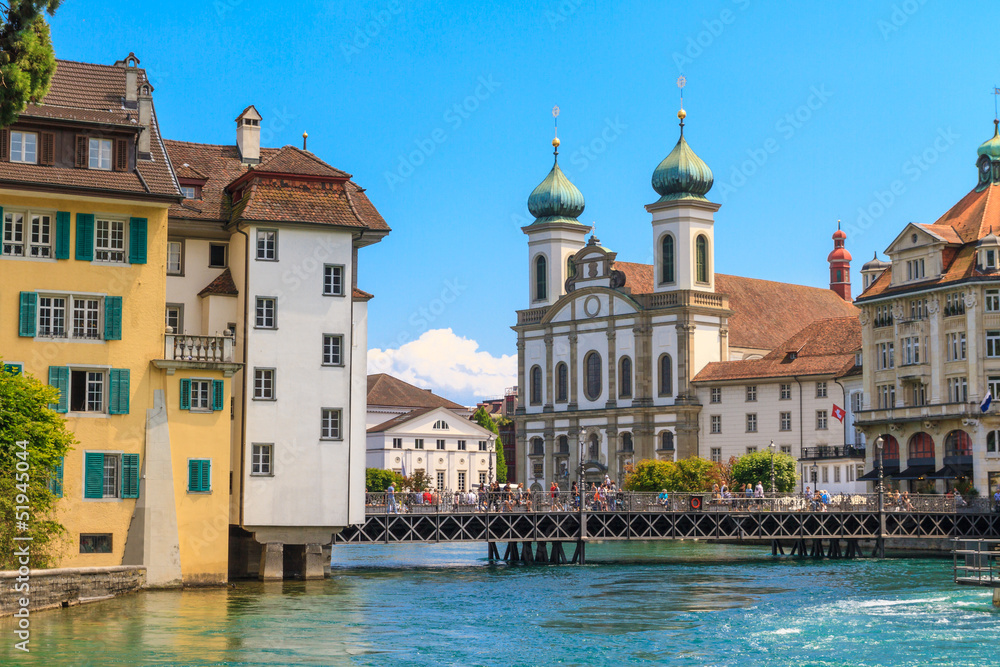 Lucerne city view with river Reuss and Jesuit church, Switzerlan