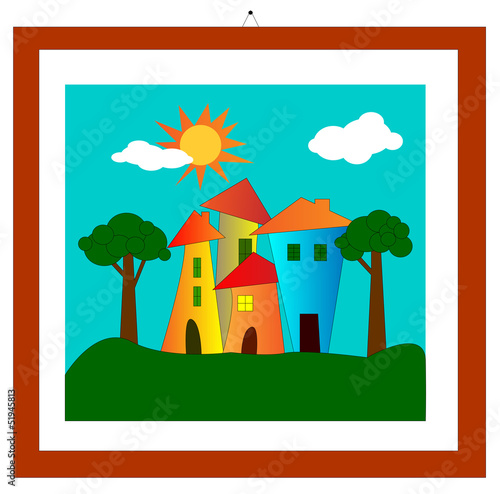 illustrazione di disegno con cornice con case e alberi