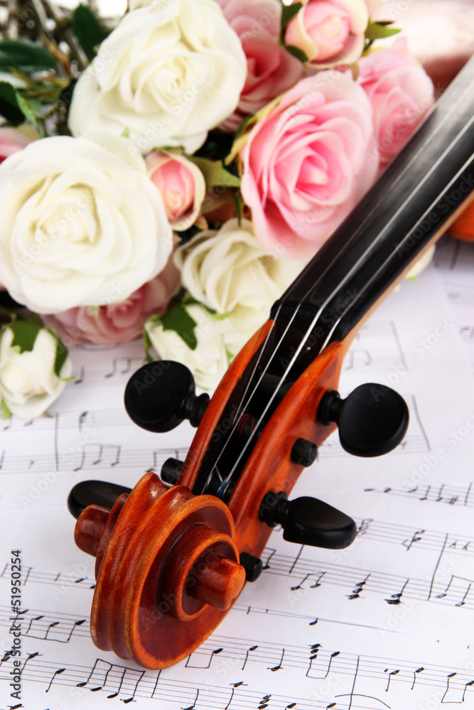 Fototapeta premium Classical violin with flowers on notes