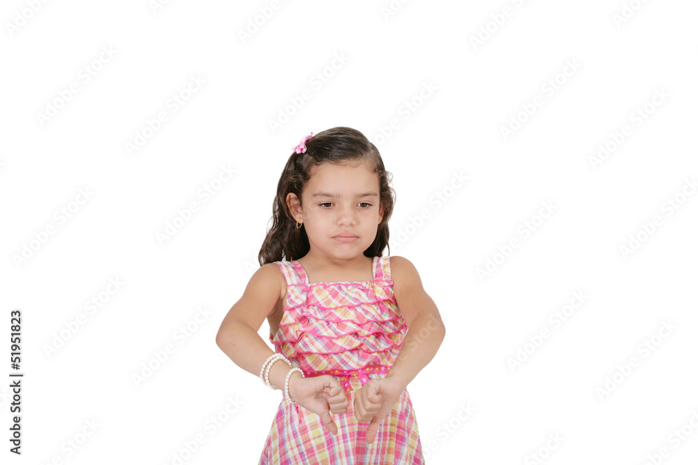 portrait of a beautiful little girl with thumb down isolated on portrait of a beautiful little girl with thumb down isolated on