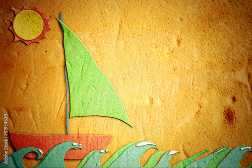 childlike drawing of sand, holiday sailing boat photo