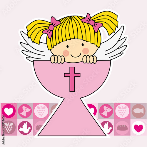 Angel in the holy grail. First communion card