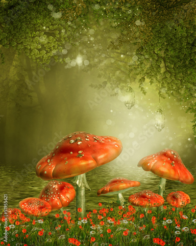 Fototapeta Czerwone grzyby nad kolorowym stawem
