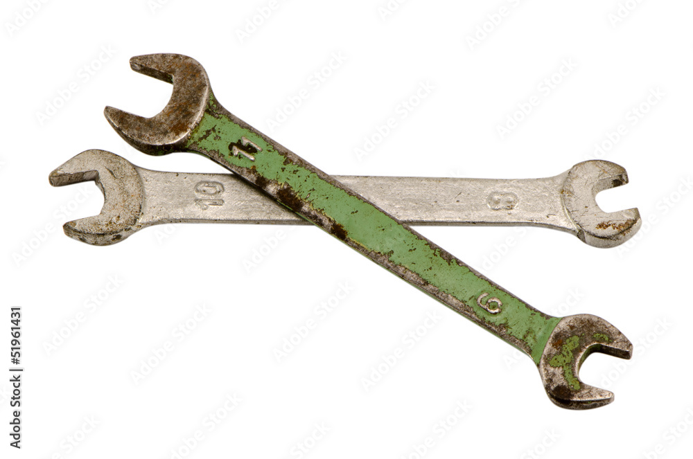 pair screw spanners wrench tools isolated on white