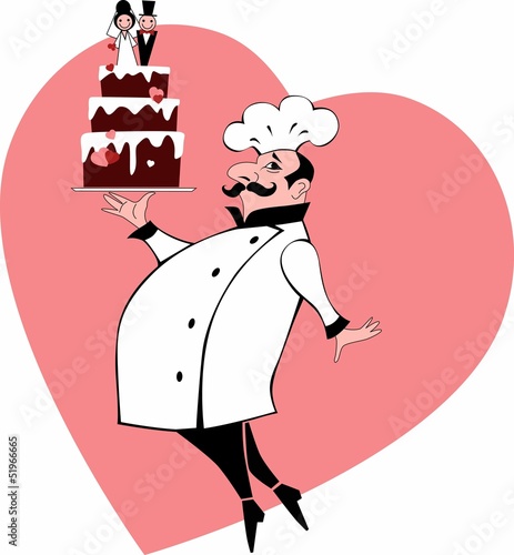 Chef with wedding cake and a heart on the background
