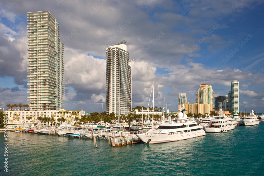 City of Miami Beach Florida, marina and modern buildings