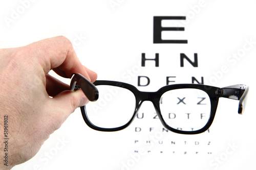 eye test chart and black glasses