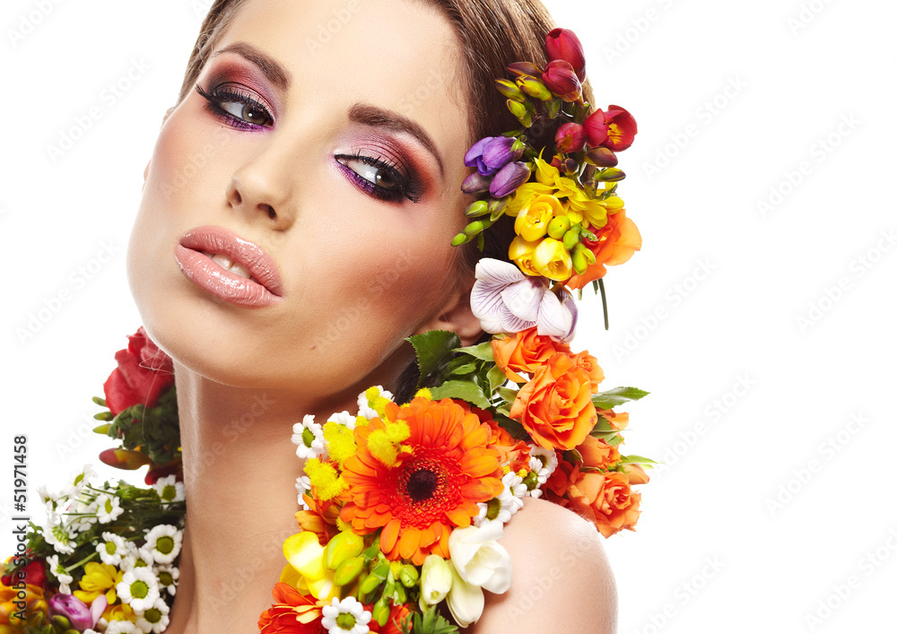 Beautiful woman with flower wreath. Space for text. Beautiful woman with flower wreath. Space for text.
