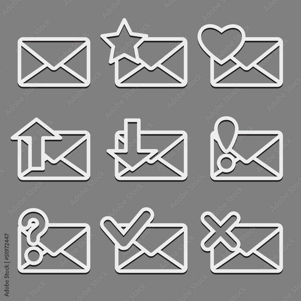 Mail envelope web icons set on dark background. Mail envelope web icons set on dark background.