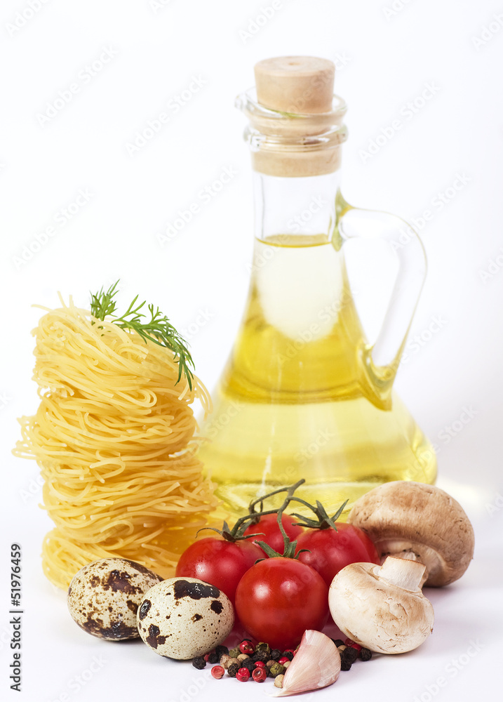 Italian pasta with vegetables, quail eggs, olive oil and spices Italian pasta with vegetables, quail eggs, olive oil and spices