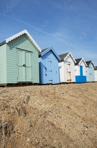 Colorful Beach Huts at Felixstowe, Suffolk, UK.