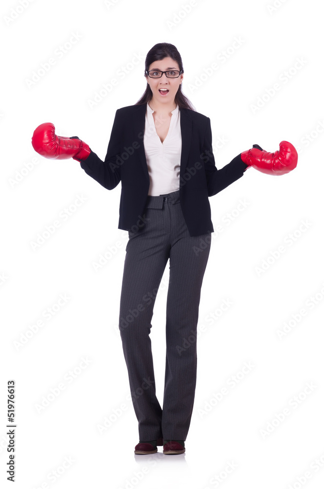 Businesswoman in boxing concept on white Businesswoman in boxing concept on white
