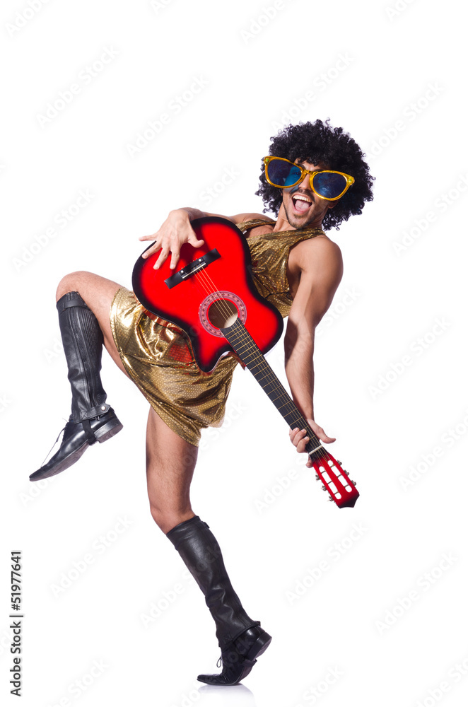 Man in woman clothing with guitar Man in woman clothing with guitar