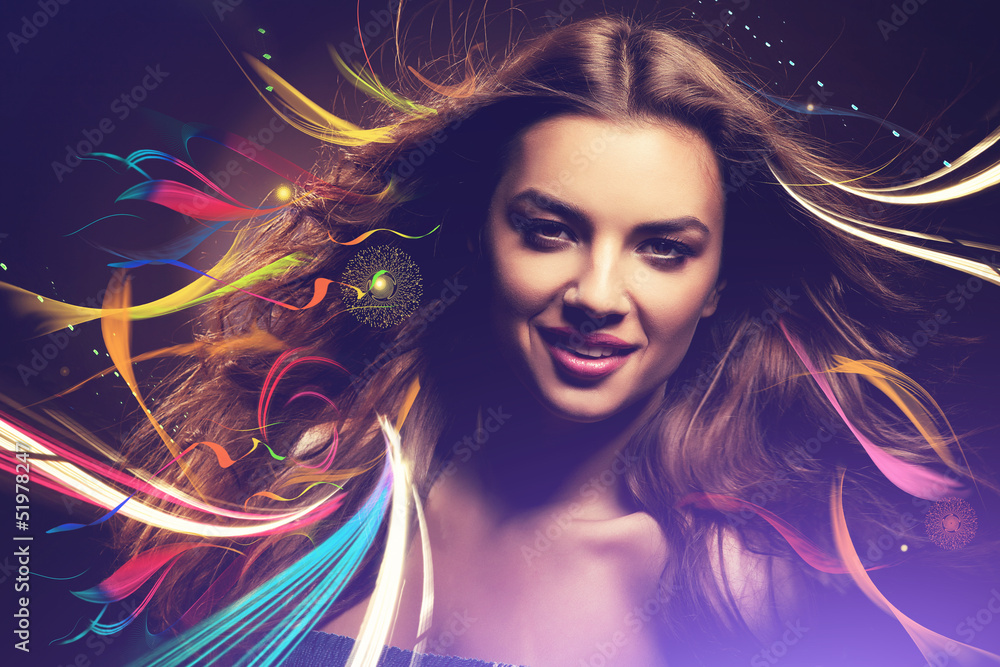 Obraz premium smiling girl with long hair and rainbow lines