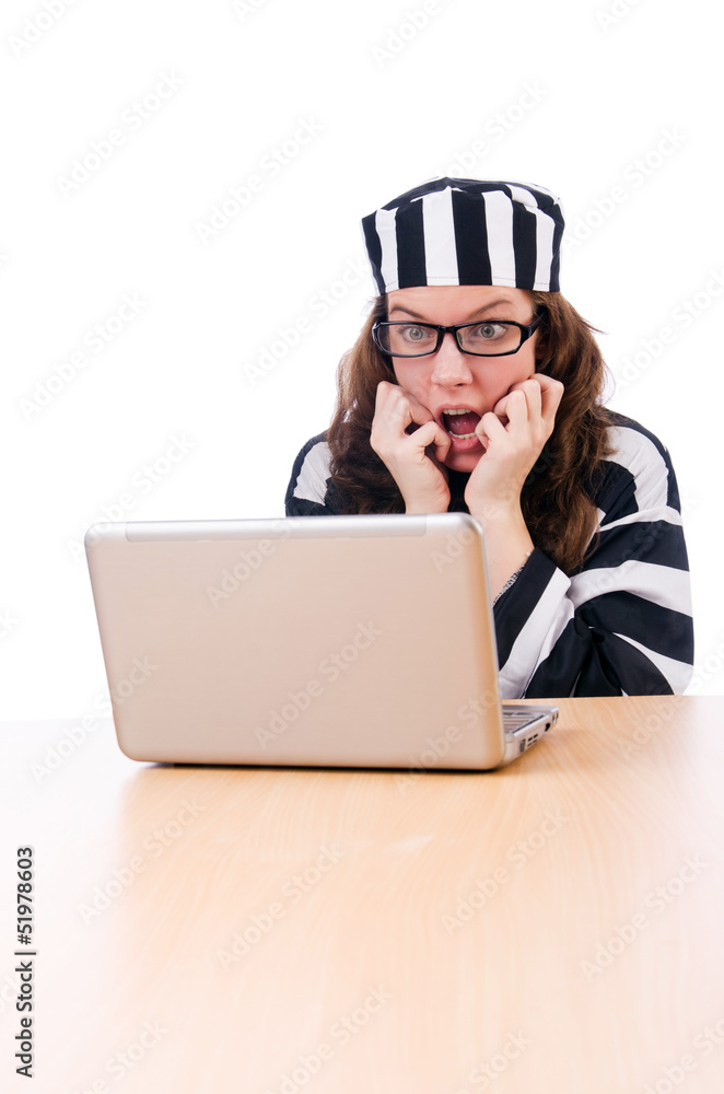 Criminal hacker with laptop on white Criminal hacker with laptop on white