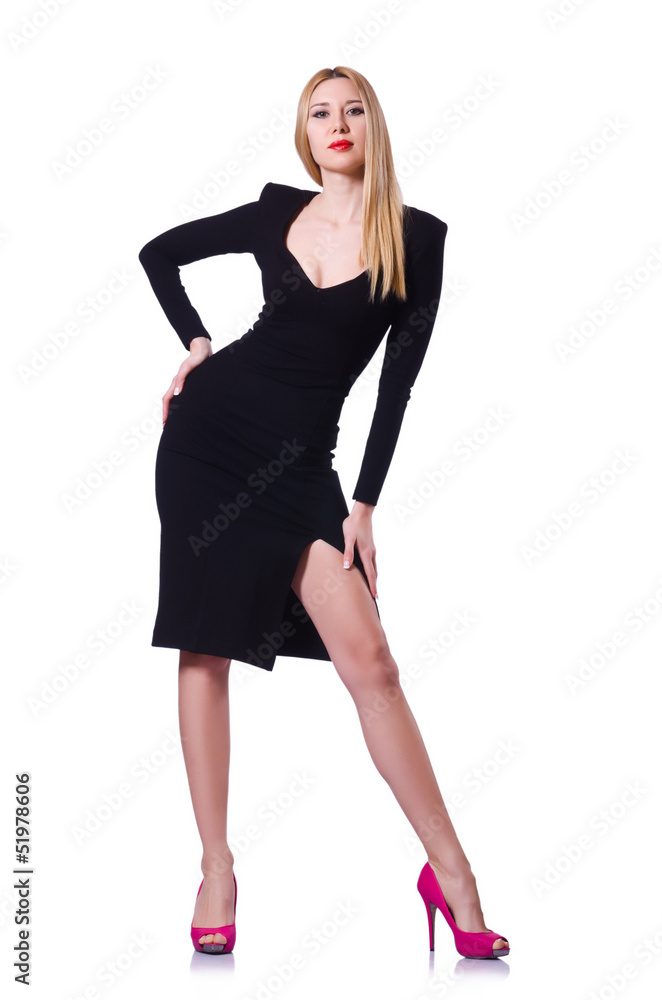 Fototapeta premium Woman in black dress in fashion concept on white