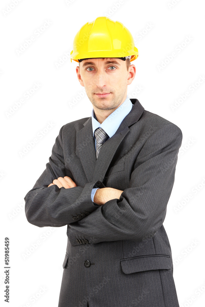 Young businessman in helmet isolated on white. Young businessman in helmet isolated on white.