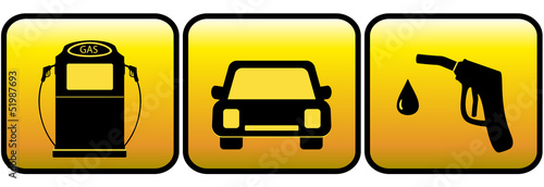 yellow set sign with car and close up of gas station