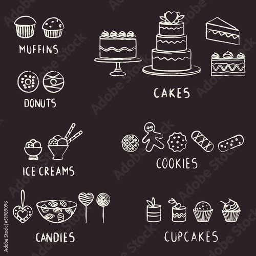 Hand drawn confectionery elements on blackboard