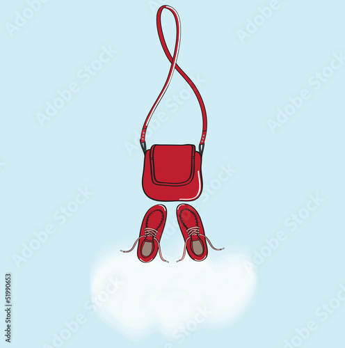 Red handbag and shoes with cloud copyspace