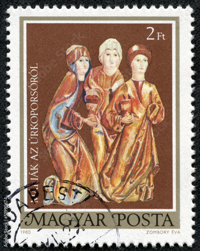 stamp printed by Hungary, shows Three Marys photo