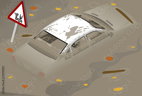 Isometric White Car Flooden in Two Positions