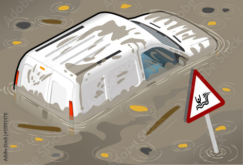 Isometric White Van Flooded in Two Positions