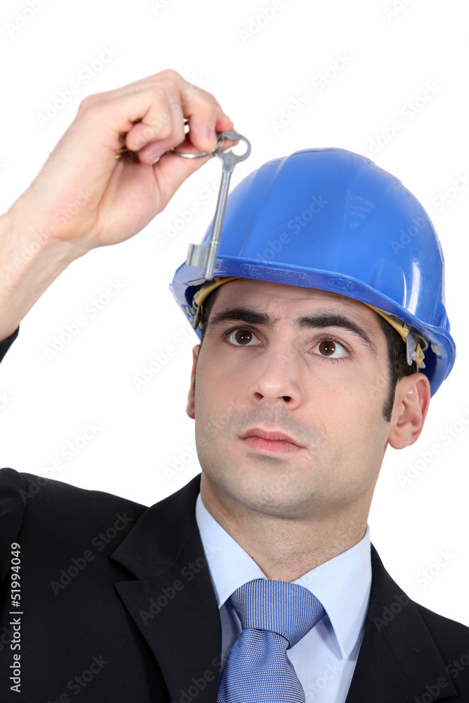 Man with blue helmet Man with blue helmet