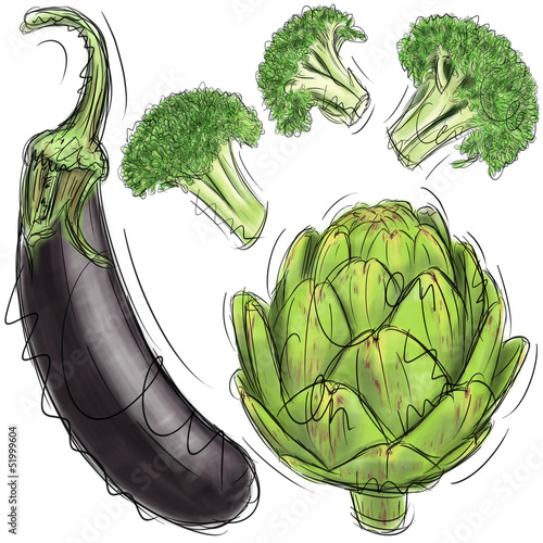 Eggplant, artichoke, and broccoli