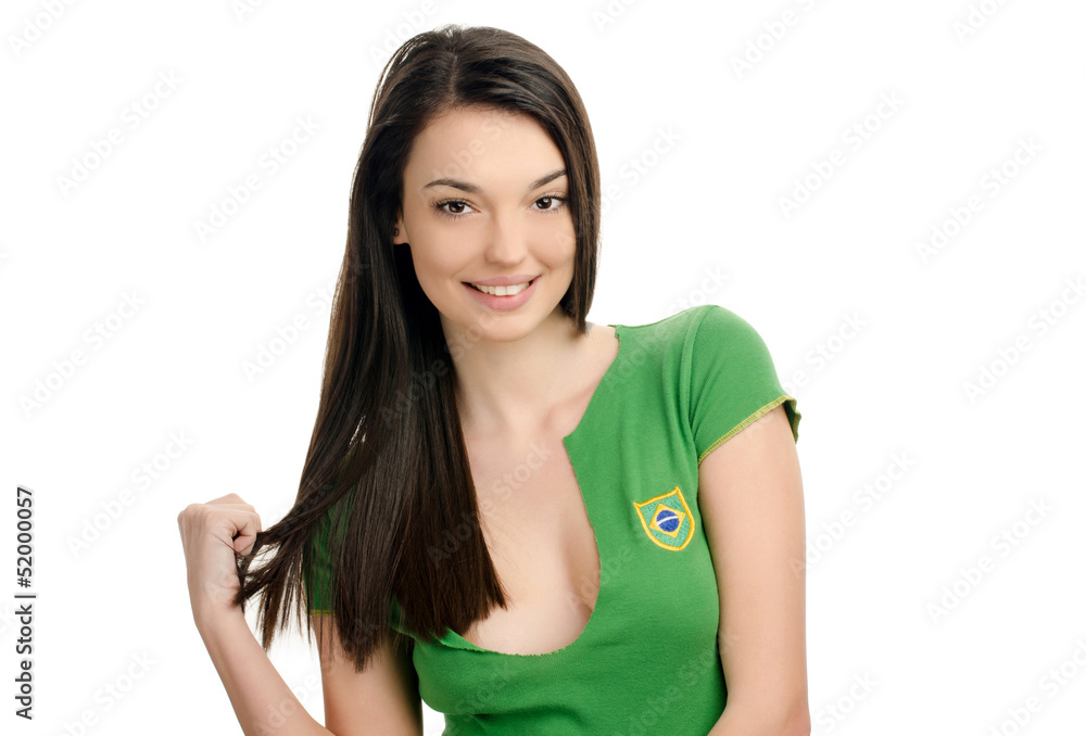 Attractive girl with Brazilian flag on her green t-shirt. Attractive girl with Brazilian flag on her green t-shirt.
