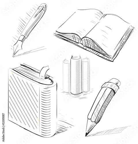 Books with pen and pencil office stuff set