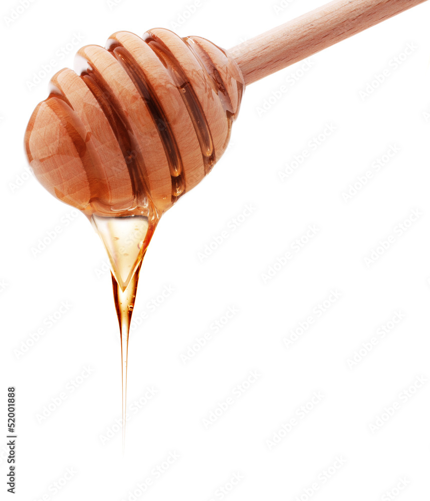 Honey dripping from a wooden honey dipper isolated on white back Honey dripping from a wooden honey dipper isolated on white back