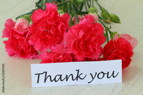 Thank you note with pink carnation flowers